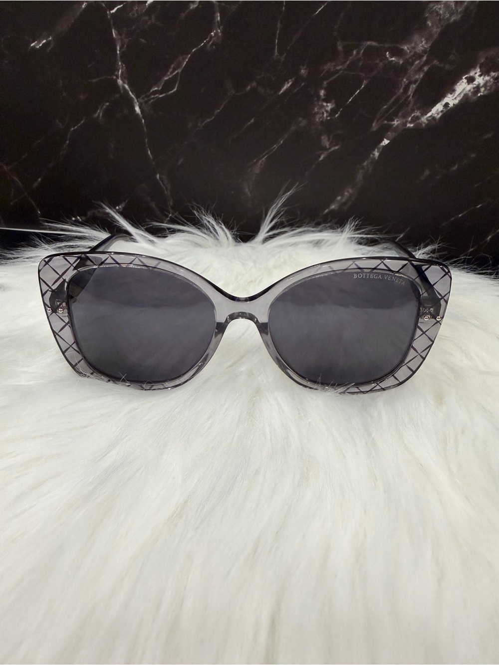 Bottega Veneta Translucent Gray Lattice Cat-Eye Sunglasses